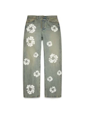 Baggy Denim Cotton Wreath broek met kransmotief, ‘Dirty Wash’