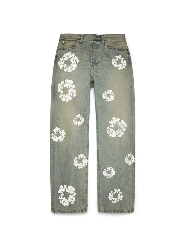 Baggy Denim Cotton Wreath broek met kransmotief, ‘Dirty Wash’