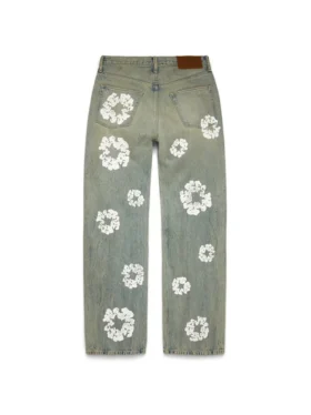 Baggy Denim Cotton Wreath broek met kransmotief, ‘Dirty Wash’