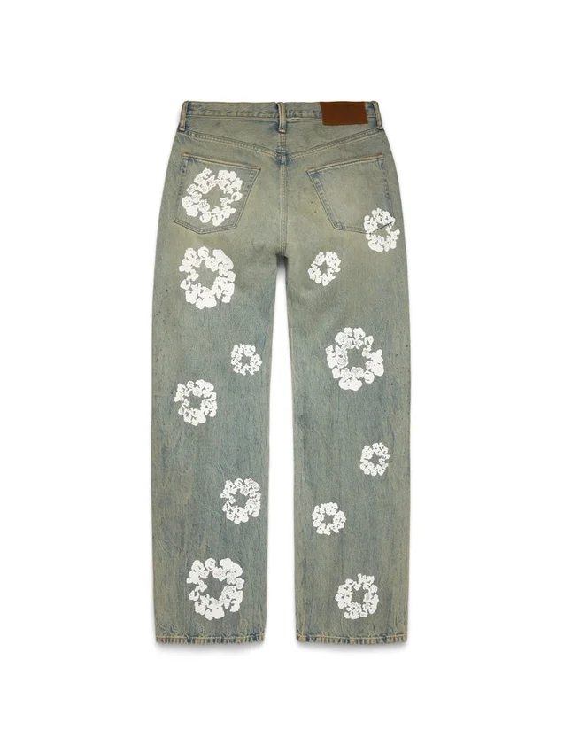 Baggy Denim Cotton Wreath broek met kransmotief, ‘Dirty Wash’