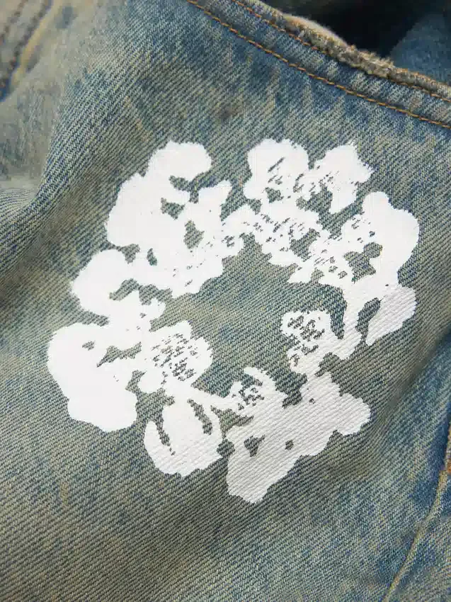 Baggy Denim Cotton Wreath broek met kransmotief, ‘Dirty Wash’