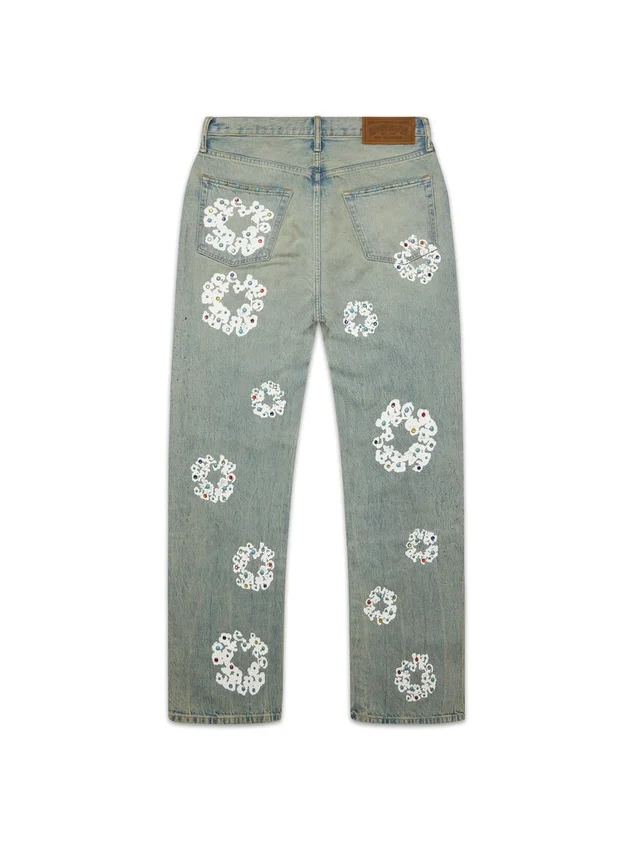 Baggy Denim pant met Cotton Wreath en studs, ‘Dirty Wash’
