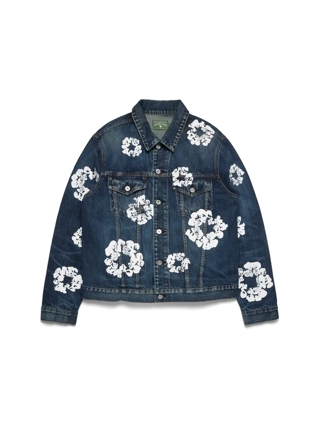 Cotton Wreath denimjas met kransmotief, donkere wassing
