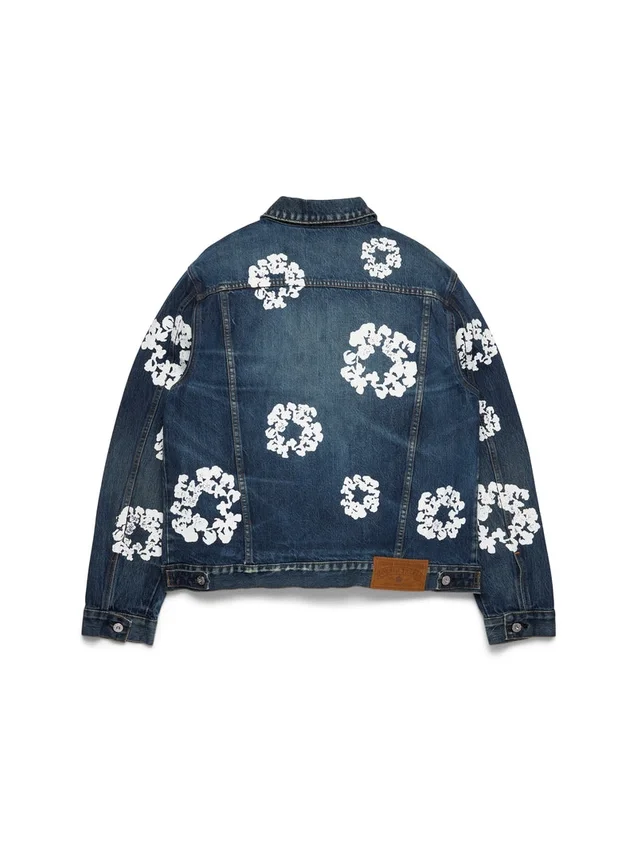 Cotton Wreath denimjas met kransmotief, donkere wassing