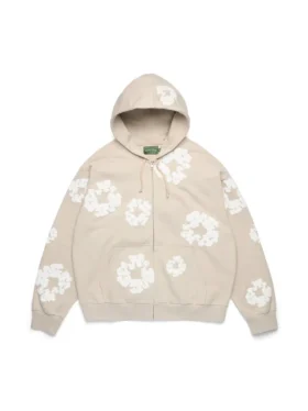 Cotton Wreath Hoodie met rits en katoenen krans, crème