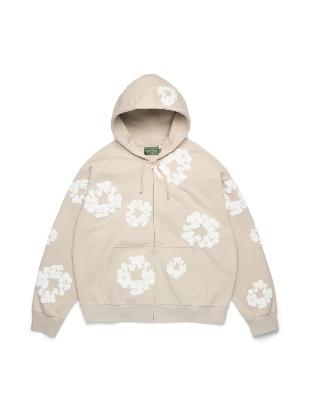 Cotton Wreath Hoodie met rits en katoenen krans, crème