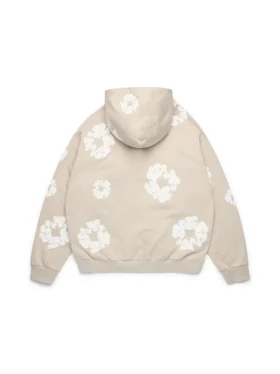 Cotton Wreath Hoodie met rits en katoenen krans, crème