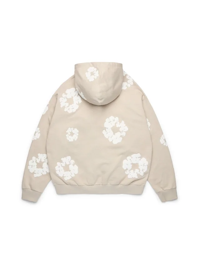 Cotton Wreath Hoodie met rits en katoenen krans, crème