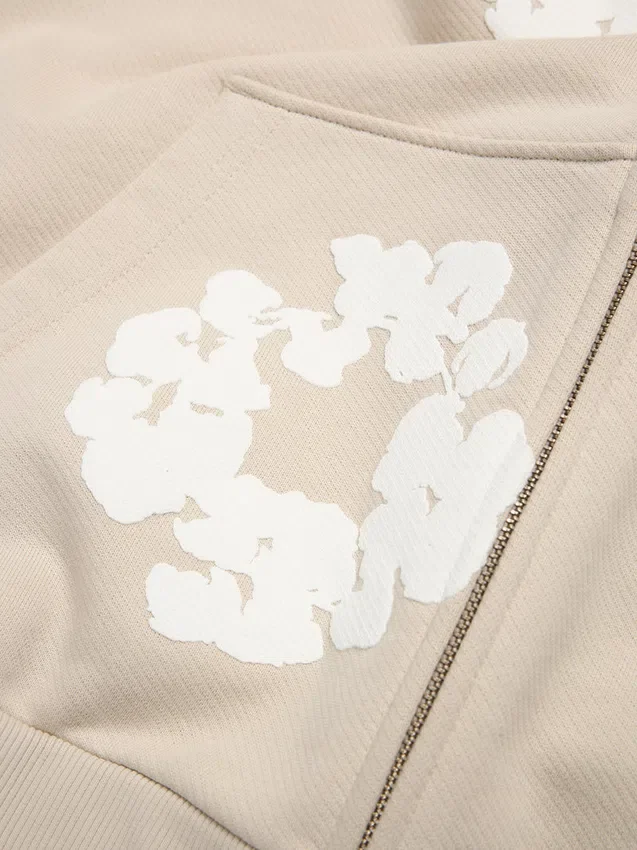 Cotton Wreath Hoodie met rits en katoenen krans, crème