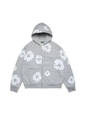 Cotton Wreath Hoodie met rits en katoenen kransmotief, grijs