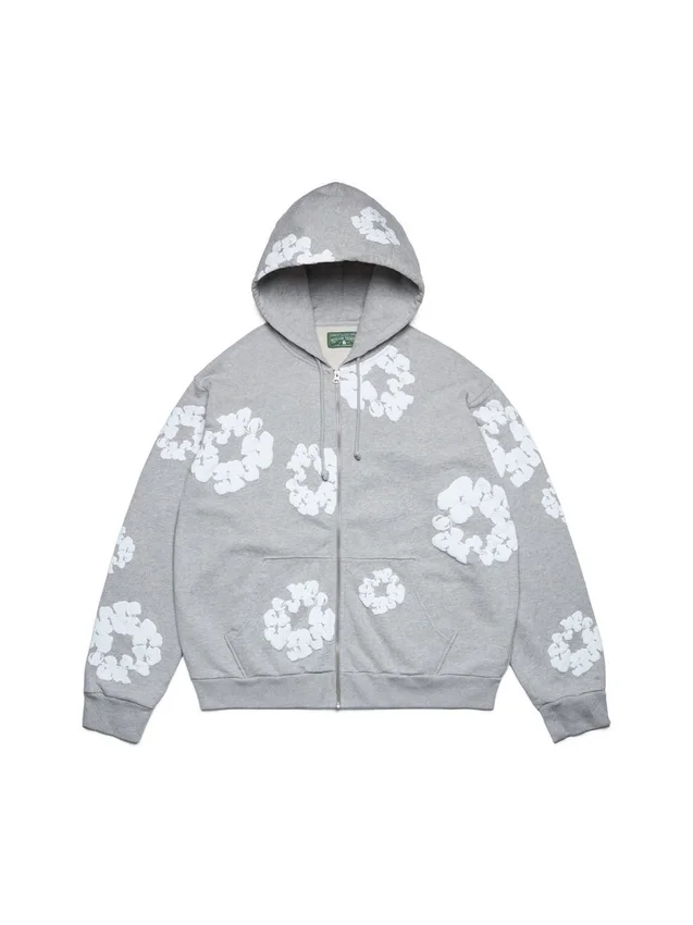 Cotton Wreath Hoodie met rits en katoenen kransmotief, grijs
