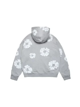 Cotton Wreath Hoodie met rits en katoenen kransmotief, grijs