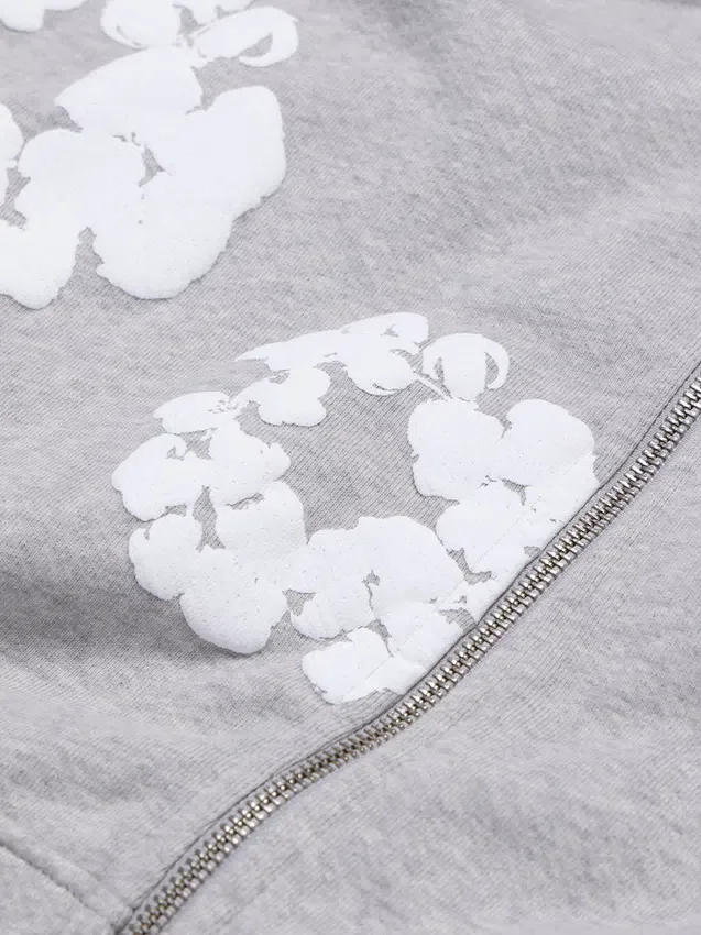 Cotton Wreath Hoodie met rits en katoenen kransmotief, grijs