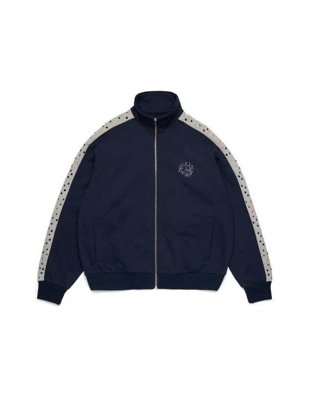 Denim U fleece-trainingsjack met strass-steentjes, marineblauw