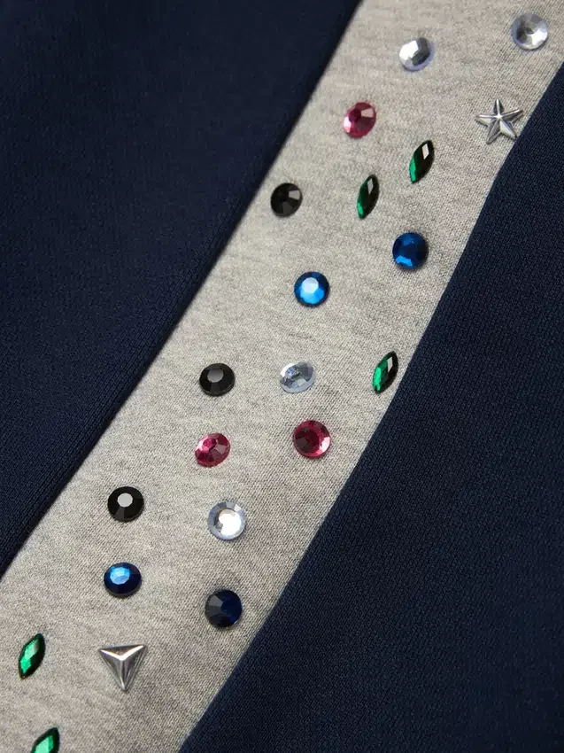 Denim U fleece-trainingsjack met strass-steentjes, marineblauw
