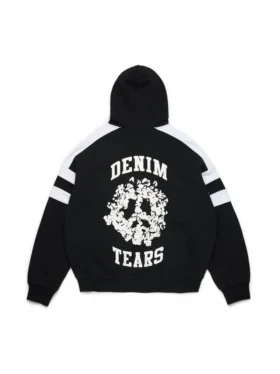 Denim U-hoodie met panelen en rits, zwart