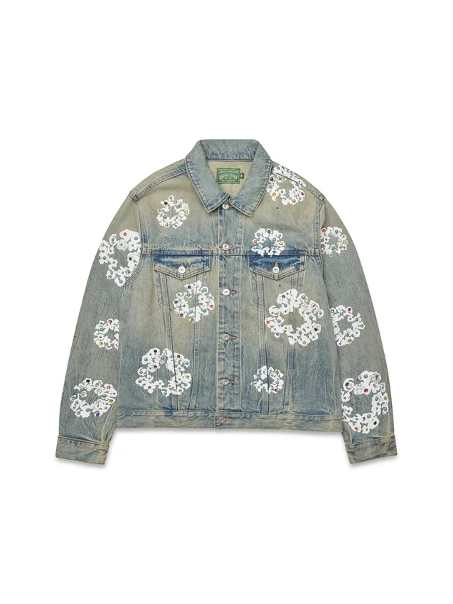 Denimjas met Cotton Wreath met studs, ‘Dirty Wash’