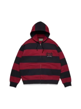 Gestreepte hoodie met rits en embleem, rood/marineblauw