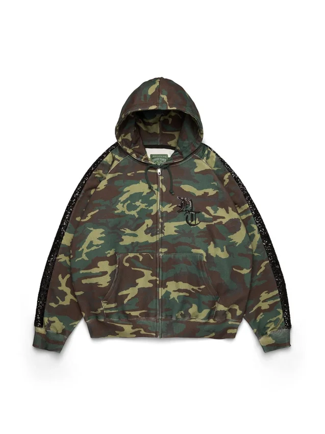 Hoodie met rits en paillettenpanelen op de mouwen, camouflage