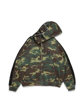 Hoodie met rits en paillettenpanelen op de mouwen, camouflage