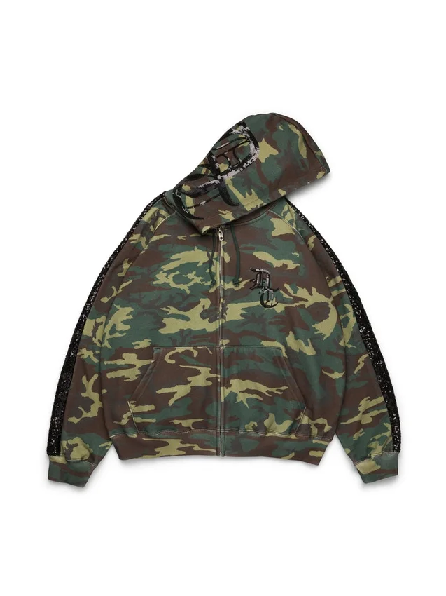 Hoodie met rits en paillettenpanelen op de mouwen, camouflage