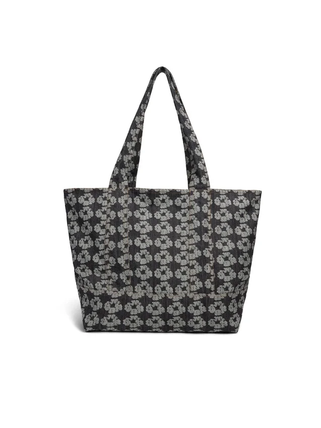 Jacquard-denim shopper met kransmotief, donkere wassing