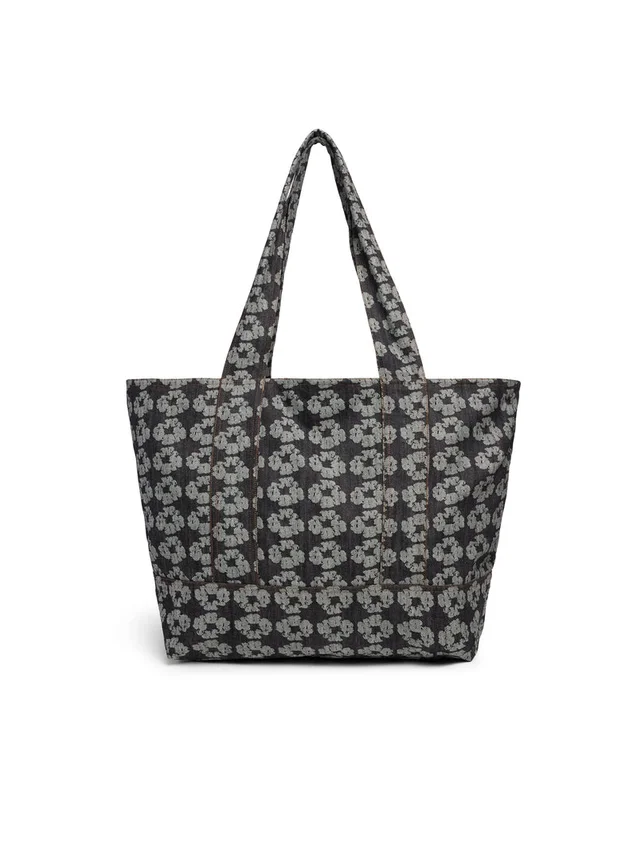 Jacquard-denim shopper met kransmotief, donkere wassing