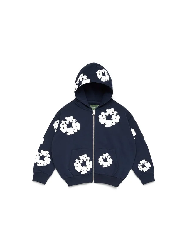 Kinderhoodie met rits en Cotton Wreath-motief, marineblauw