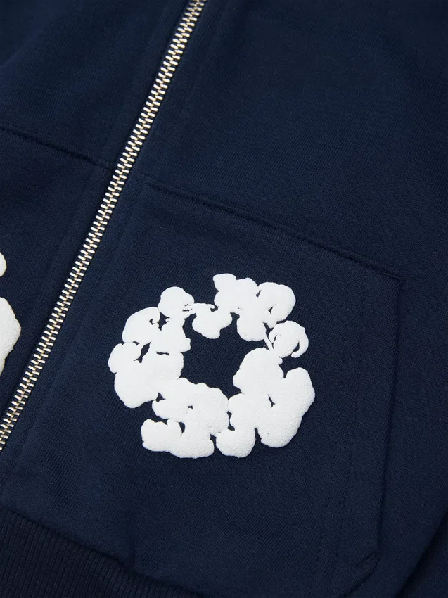Kinderhoodie met rits en Cotton Wreath-motief, marineblauw