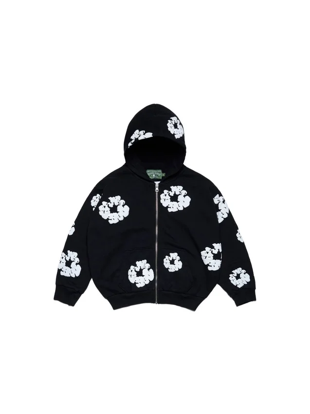 Kinderhoodie met rits en Cotton Wreath-motief, zwart