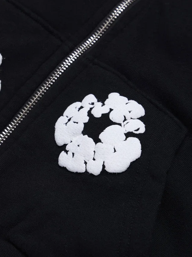 Kinderhoodie met rits en Cotton Wreath-motief, zwart