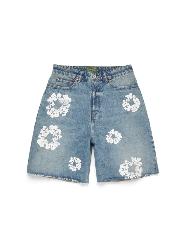 Lichtgewassen katoenen Denim-short met Cotton Wreath-motief